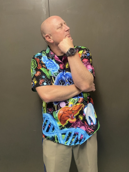 Biology teacher and basketball coach Kevin Listerman showing off his fun outfit.